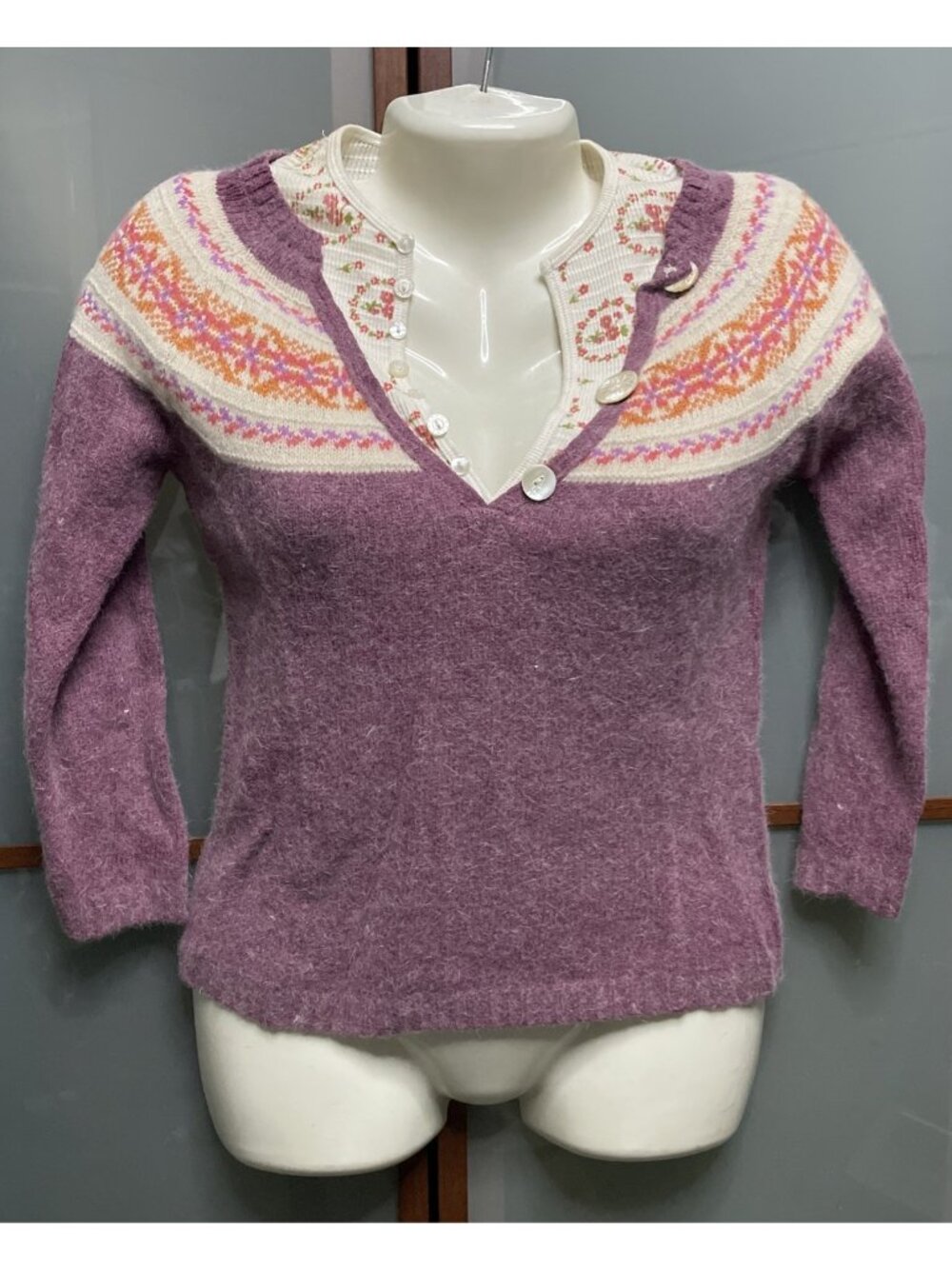 Free People Vintage Womens Small Fair Isle Wool Angora Sweater Henley Boho Retro